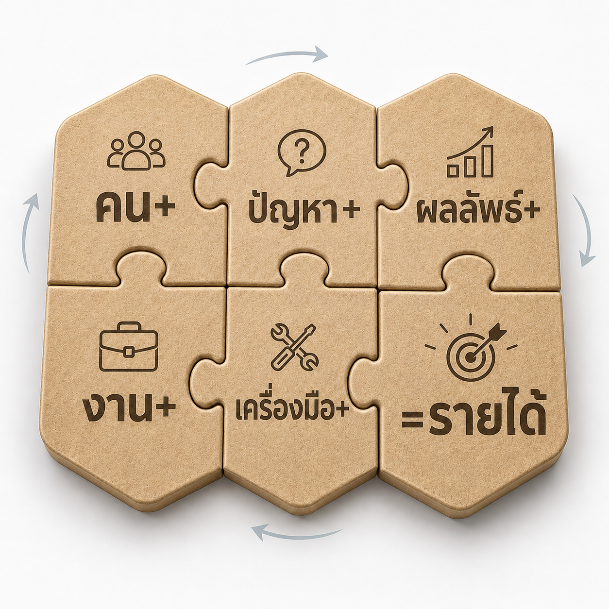 กรอบ Success Puzzle ที่ประกอบด้วย คน ปัญหา ผลลัพธ์ งาน เครื่องมือ และรายได้